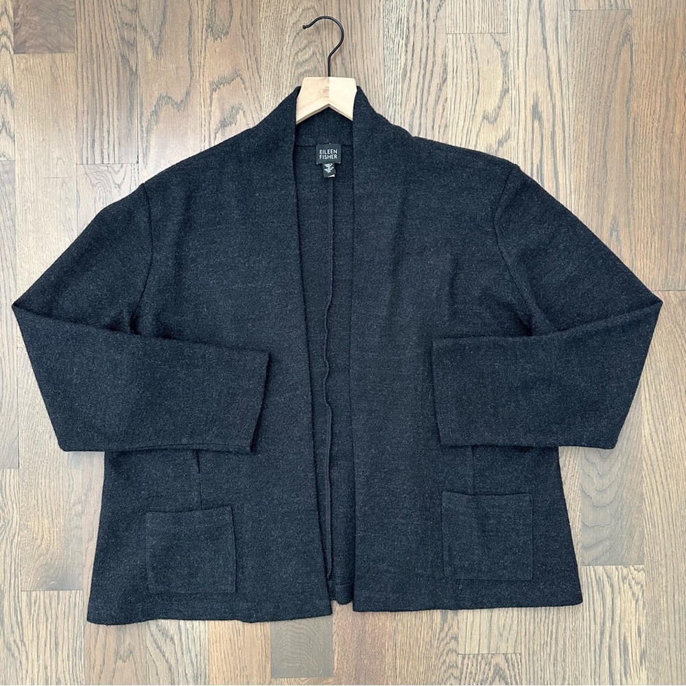 Eileen Fisher Boiled Wool Shawl Collar Open Cardigan in Charcoal Grey XL
